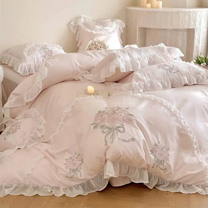 Decobites Pink Rose Embroidered Lace Ruffles Bedding Set for Girls