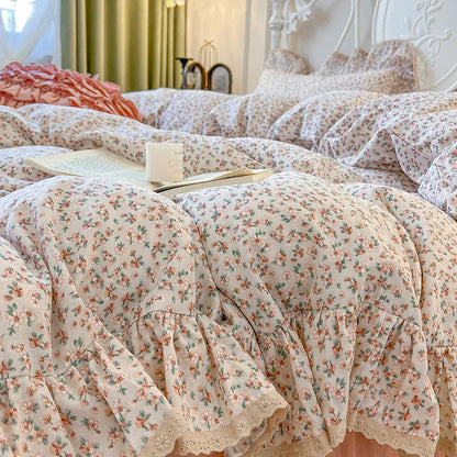 Decobites Double Layer Lace Ruffles Floral Bedding Set with Duvet Cover, Bed Skirt, Pillows