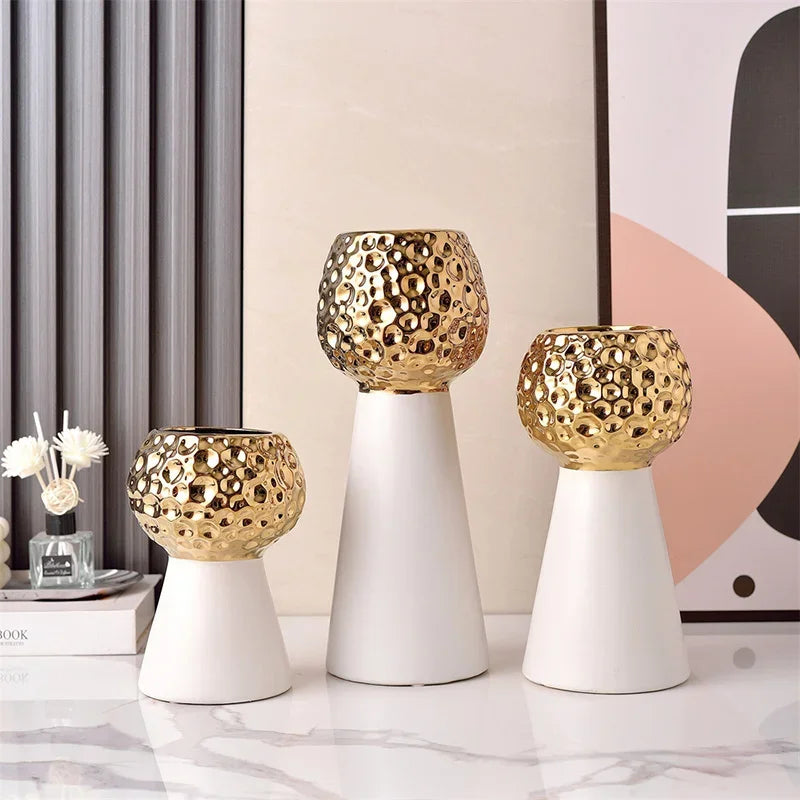 Jarrón de cerámica con patrón de martillo dorado Decorbites™: Maceta creativa para decoración de mesa y arreglo floral