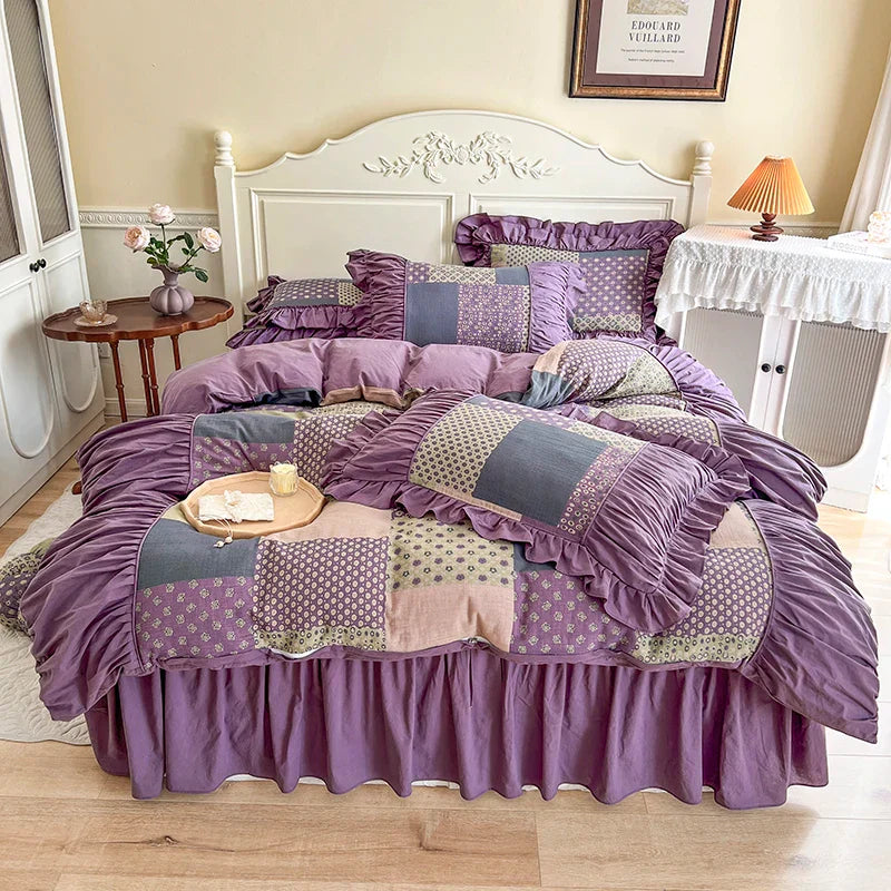 Decobites Vintage Cotton Double Layer Bedding Set with Ruffles & Pleat Details