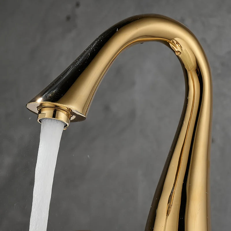 DecorBites™ Black & Gold Basin Faucet: 3 Hole Waterfall Bathroom Sink Tap, Total Brass