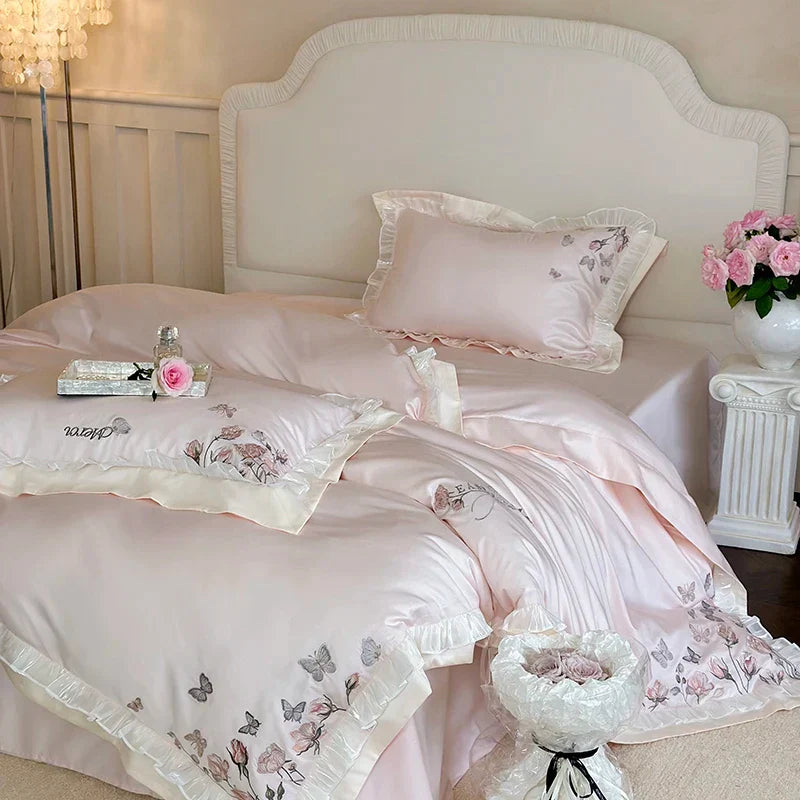 Decobites Pink Butterfly Flowers Embroidered Lace Bedding Set - 1000TC Egyptian Cotton