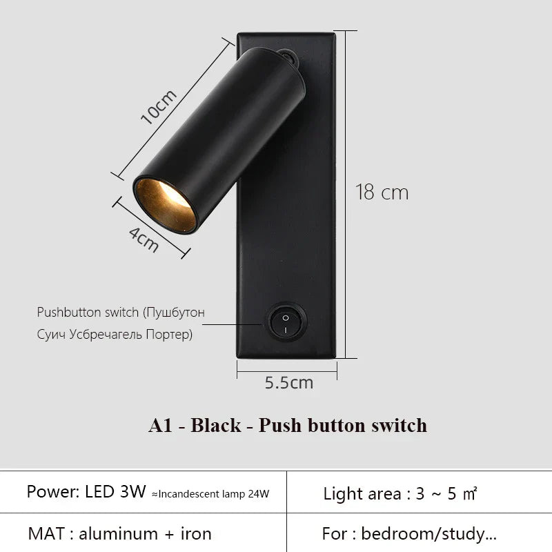 DecorBites™ Black Brass LED Wall Lamp Sconce with Switch and USB Port, 3W Spotlight