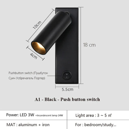 DecorBites™ Black Brass LED Wall Lamp Sconce with Switch and USB Port, 3W Spotlight