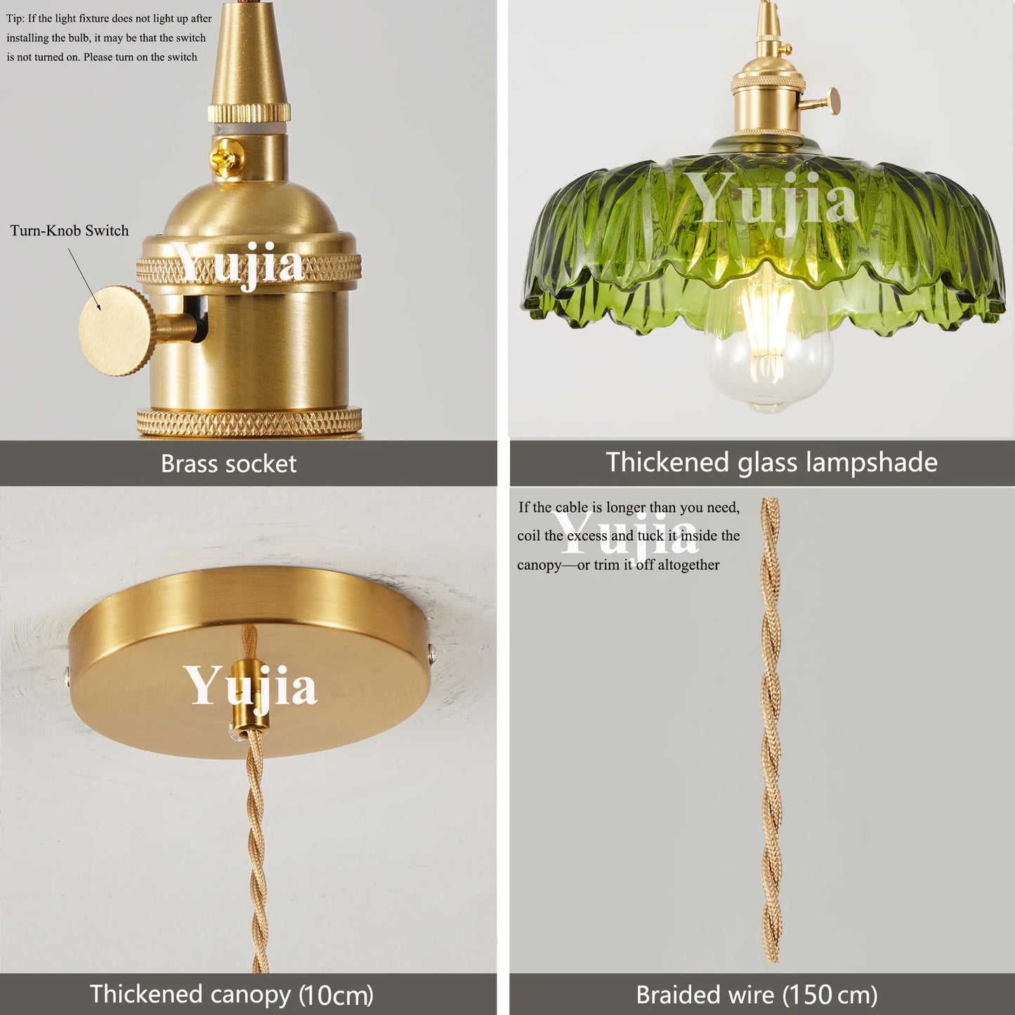 Vintage Green Glass Pendant Light With Brass Finish