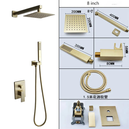 DecorBites™ Brushed Gold In-Wall Shower Set with Rainfall Shower Head 8-12"
