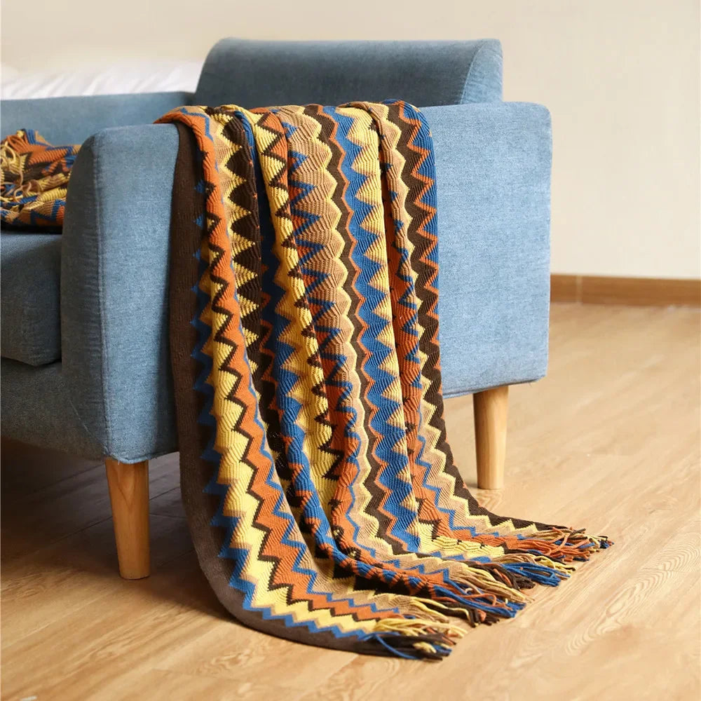 DecorBites™ Bohemian Stripe Throw Blanket with Tassels - Cozy Sofa or Bedspread Bushawl