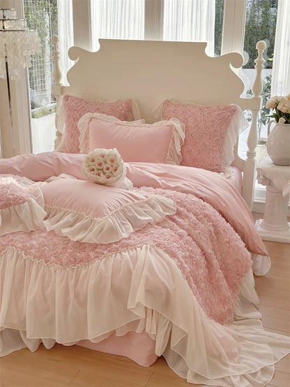 Decobites Pink Rose Flowers Lace Ruffles Bedding Set, Duvet Cover, Sheet, Pillowcases