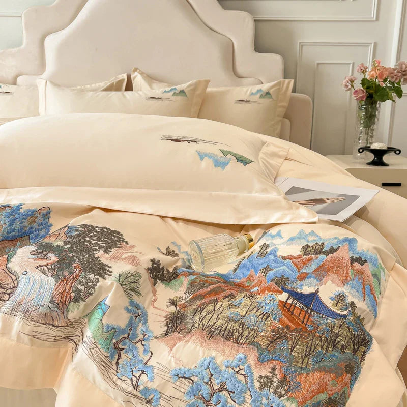 Decobites Mountain River Landscape Embroidery Bedding Set - Duvet Cover, Bed Sheet, Pillowcases