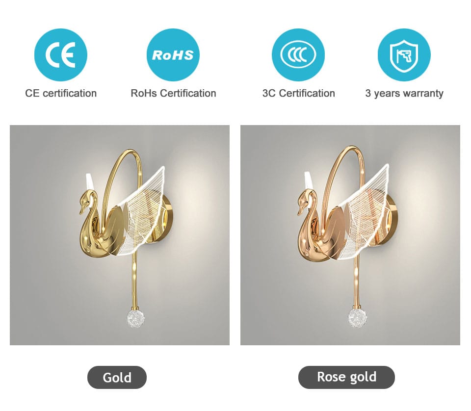 Art deco gold and rose gold swan wall lamp with mesh wings and crystal pendants designed for bedroom bedside wall lighting.
