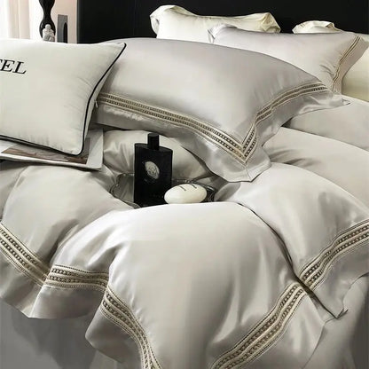 Decobites Luxury Lace Edge Bedding Set: Duvet Cover, Bed Sheet, Fitted Sheet, Pillowcases