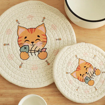 Posavasos redondo tejido con estampado de gato DecorBites™, mantel individual, aislante térmico para mesas
