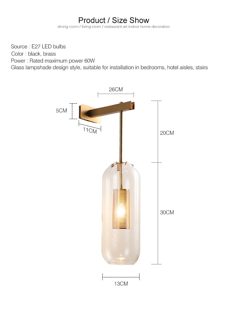 Brass-finished wall-mounted pendant light with a clear glass lampshade and internal black led bulb designed for nordic modern decor in the bedroom.