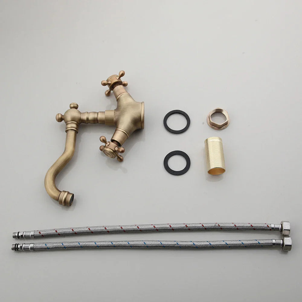 DecorBites™ Antique Brass Kitchen Bathroom Faucet Swivel Mixer Tap Dual Handles Deck Mount