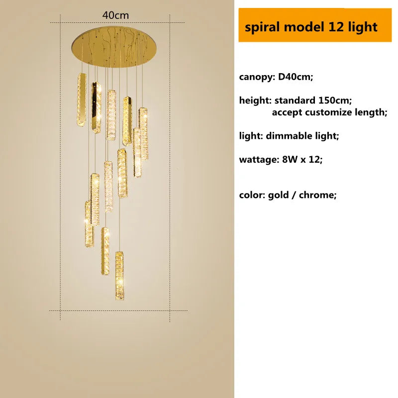 Luces de Lámpara Colgante de Cristal en Acero Cromo Dorado Decorbites™ con LED Regulable para Escalera de Villa