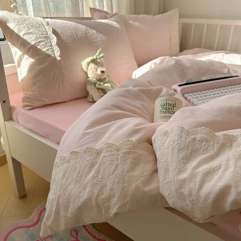 Juego de Ropa de Cama Decorbites™ de Encaje para Edredón 4 Piezas Algodón Lavado Francés para Cama Individual Doble