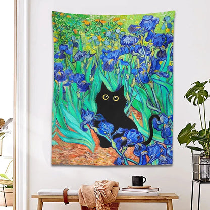 Decobites Irises Cat Tapestry: Van Gogh Inspired Black Cat Art & Floral Print