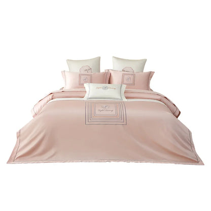 Decobites Pink Satin Jacquard Lotus Duvet Set 4Pcs Queen King Bedlinens