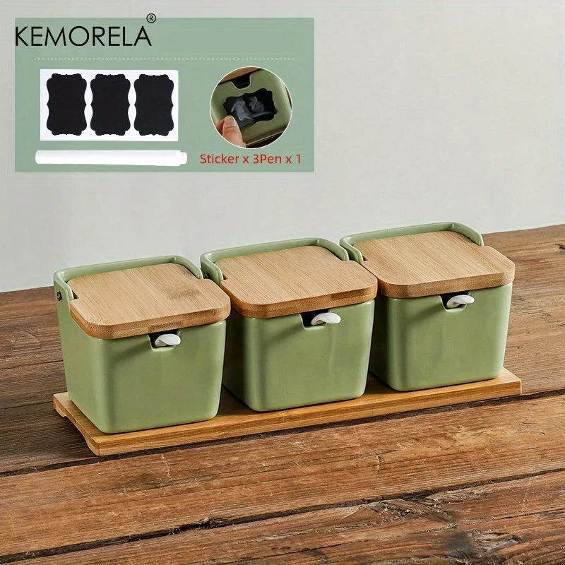 Conjunto de tarros de condimentos de cerámica retro japonesa Decorbites™ con bandeja - Organizador de cocina de 3 piezas
