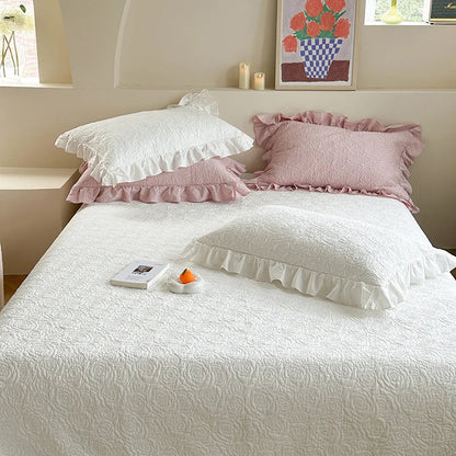 Decobites Rose Flower Bed Cover Set: Quilted Washed Cotton with Lace Ruffles, Two-Sided Design