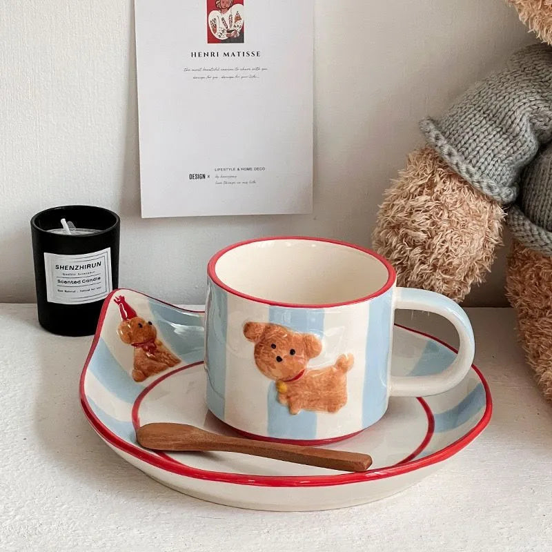 DecorBites™ Kawaii Animal Ceramic Drinkware Set: Coffee Cup, Dessert Plate, Cute Dog Mug