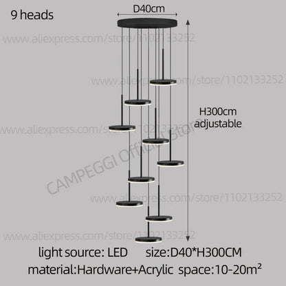 DecorBites™ Golden Black LED Long Chandelier for Home, Restaurant, and Cafe