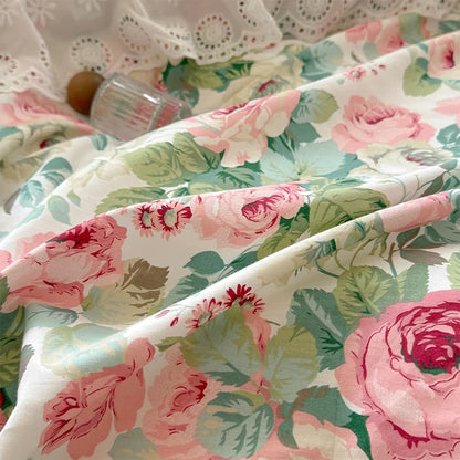 Decobites Floral Print Cotton Princess Bedding Set with Vintage Lace Details