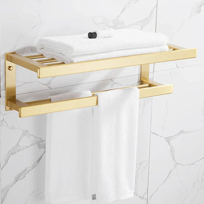 DecorBites™ Brushed Gold Bathroom Set: Shelf, Towel Rack, Holder, Toilet Brush - Bath Hardware