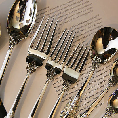 DecorBites™ Baroque Silver Cutlery Set, Kitchen Flatware Knife Fork Spoon, 10 Pcs