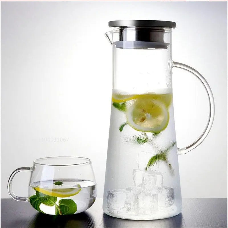 DecorBites™ Glass Pitcher with Lid, Heat Resistant Water Carafe for Hot/Cold Beverages