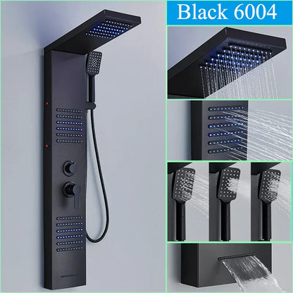 Panel de grifo de ducha DecorBites™ negro con LED, sistema de lluvia tipo cascada y caño de hidromasaje.