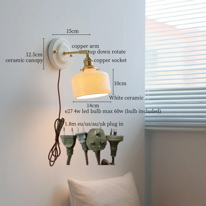 DecorBites™ Copper Ceramic LED Wall Light with Pull Chain Switch for Living Room Decor.