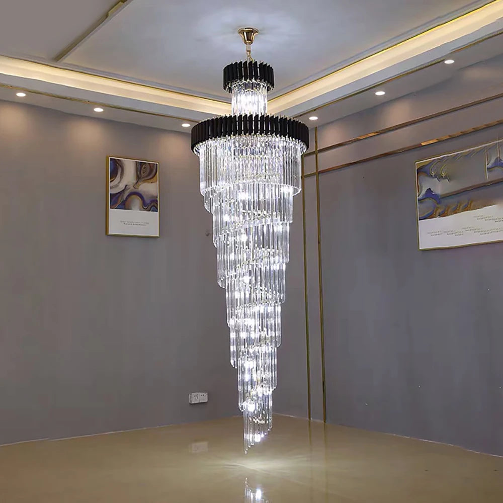 Large Top Long Crystal Led Chandeliers Hotel Hall Living Room Luxury Multi-layer Staircase Lighting Black Stainless Steel Light