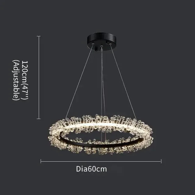 Lámpara de araña LED DecorBites™ con anillo de cristal dorado para decoración del hogar. Ideal para sala de estar, comedor y dormitorio de lujo.