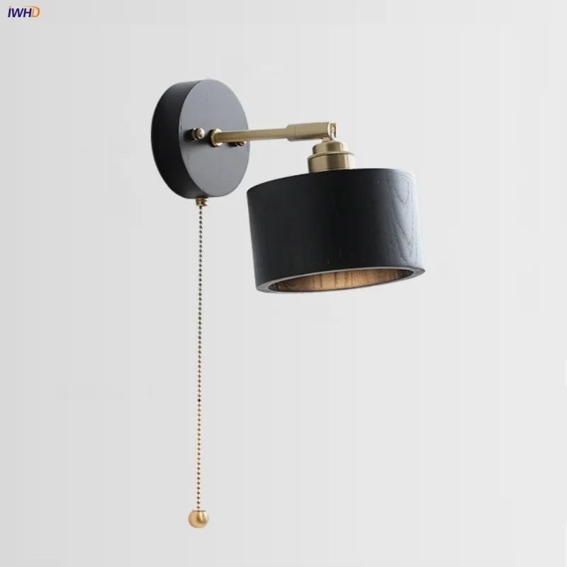 DecorBites™ Black Wood LED Wall Light with Pull Chain Switch, Rotating Japanese Style Bedside Lamp