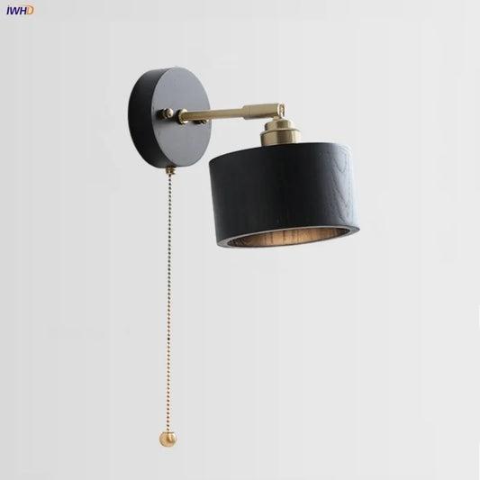 DecorBites™ Black Wood LED Wall Light with Pull Chain Switch, Rotating Japanese Style Bedside Lamp