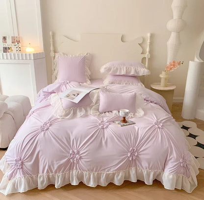 DecorBites™ Lace Princess Bedding Set: Romantic Ruffles & Bow Duvet Cover, Sheet, Pillowcases