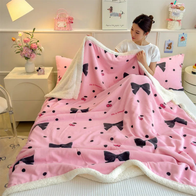 DecorBites™ Cartoon Printed Lamb Wool Blanket: Soft, Skin-Friendly Sofa Cover for All Seasons
