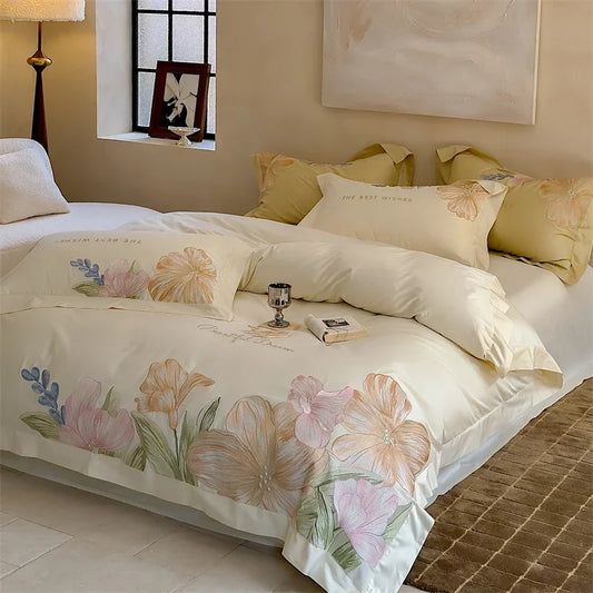 DecorBites™ 100S Egyptian Cotton Embroidery Bed Linens Set for Queen King Euro Size