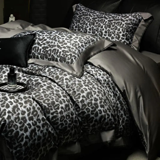 DecorBites™ 1000TC Egyptian Cotton Grey Leopard Print Bedding Set with Duvet Cover, Sheet, Pillowcase