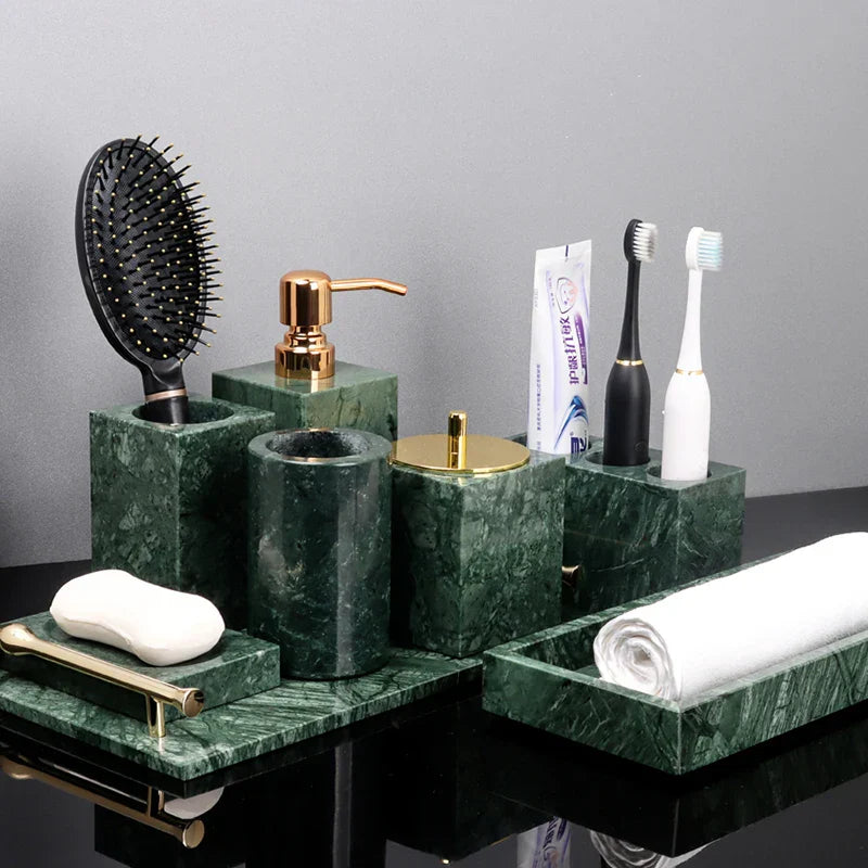 DecorBites™ Green Marble Bathroom Set: Dispenser, Dish, Holder, Tissue Box & Accessories