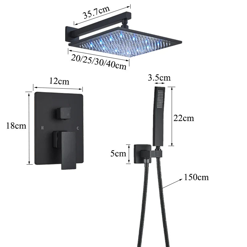DecorBites™ LED Black Wall Mounted Shower Faucet Set with Rainfall Shower Head