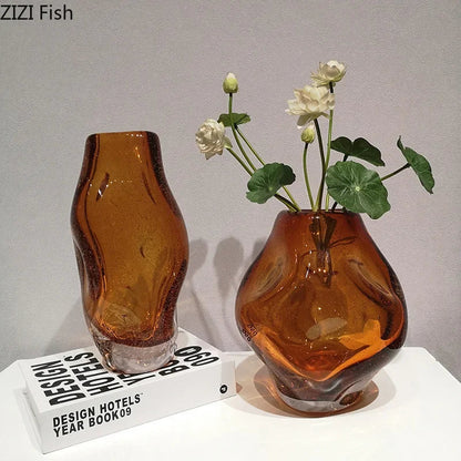 DecorBites™ Amber Glass Vase & Artificial Flower Desk Decoration for Room Aesthetic