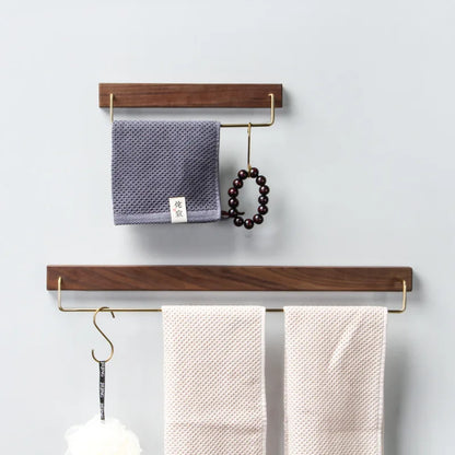 DecorBites™ Black Walnut Wood Towel Rack with Brass Accents
