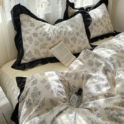 Juego de funda nórdica DecorBites™ de algodón lavado francés con estampado floral de princesa - Ropa de cama floral de primavera