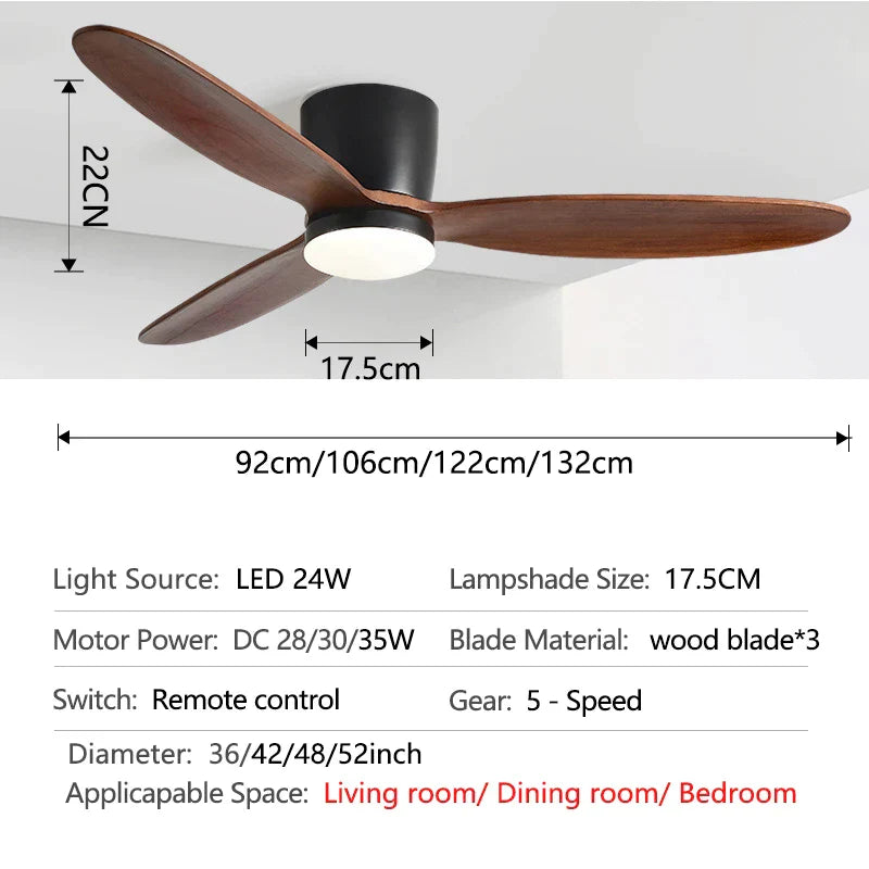 Decorbites™ Ventilador de Techo para Techos Bajos con Motor DC de 3 Aspas y 35W, Luz Tricolor de 24W y Control Remoto