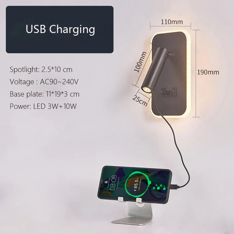 DecorBites™ LED Wall Lamp USB Charging Bedroom Hotel Bedside Reading Sconce Switch