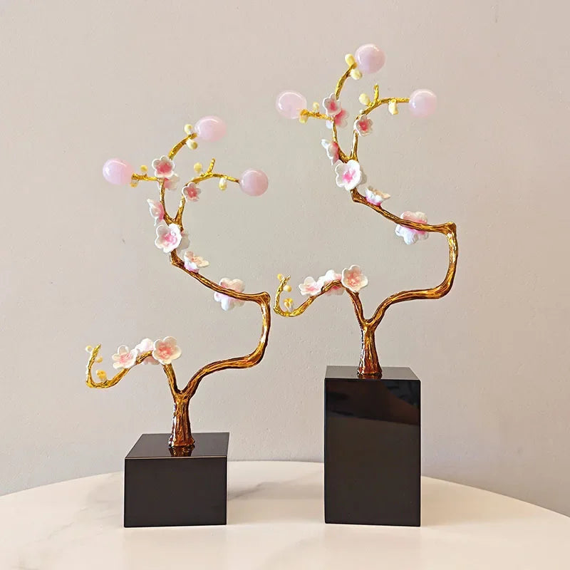 DecorBites™ Golden Tree Crystal Ball Plum Blossom Metal Decor Figurine