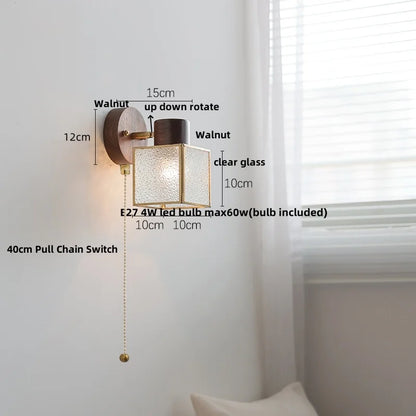 DecorBites™ Clear Glass LED Wall Sconce Walnut Wood Bedroom Living Room Modern Fixture