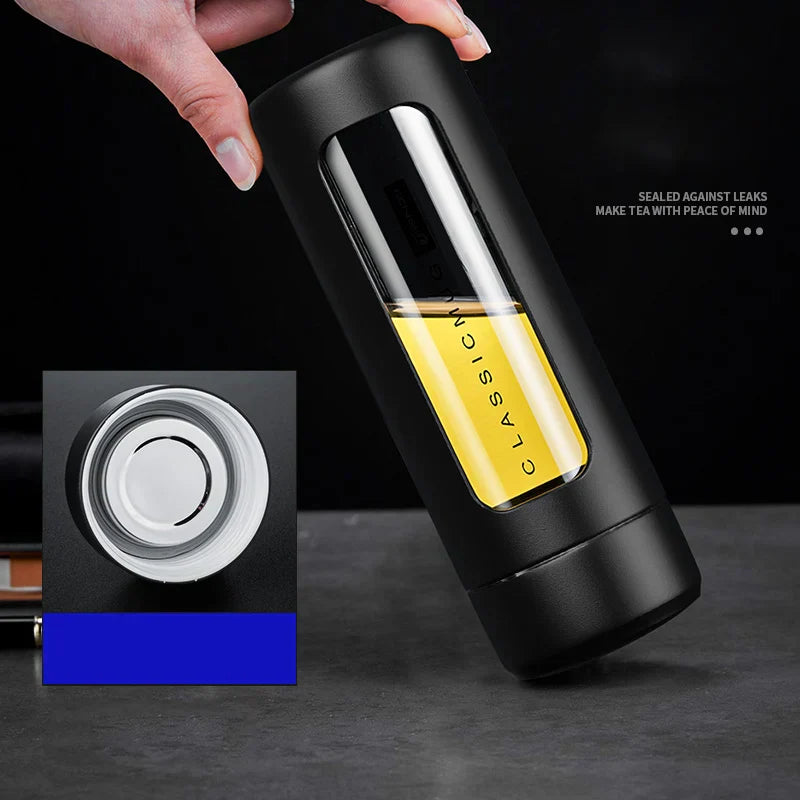DecorBites™ Double Glass Water Bottle with Lid – Insulated Portable Tea Coffee Mug